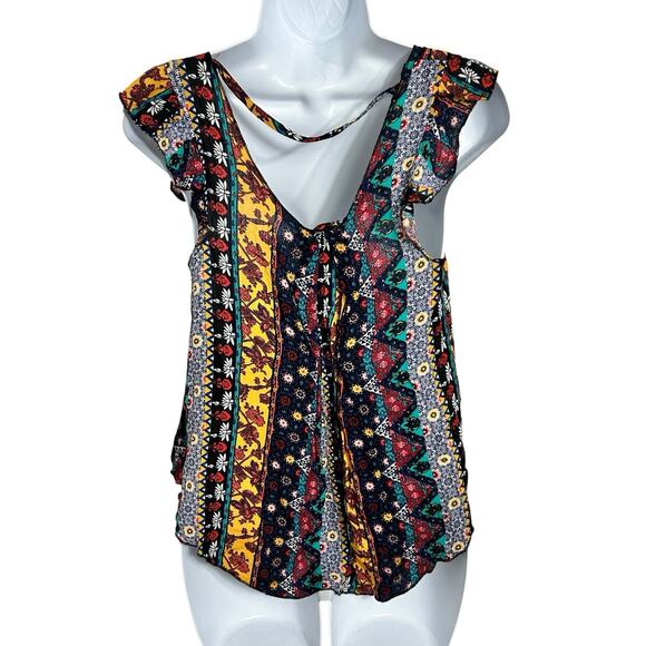 Belle Du Jour Boho Blouse Sz Small Scoop Neck Loose Multi Print Artisan Top - Picture 6 of 7